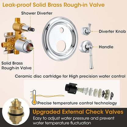 Chrome Rain Shower Heads with Handheld Spray Combo, Rain Shower System with Balance Pressure Valve, 9 inch Bathroom Luxury Rain Fall Shower Head with Antique Handshower Wall Mount, (B2312-CP)