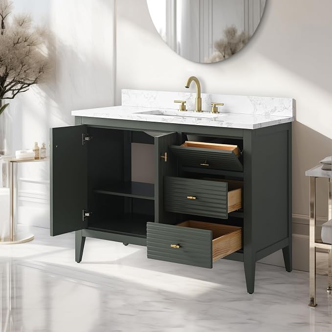 Vanity Art 42 inch Bathroom Vanity with Single Sink & Ceramic Top, Vanity Cabinet with Soft-Closing Door, Solid Wood Frame, Linear Pattern, Vintage Green, Golden Brushed Handware VA9142-VG-GB