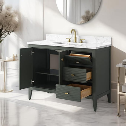 Vanity Art 42 inch Bathroom Vanity with Single Sink & Ceramic Top, Vanity Cabinet with Soft-Closing Door, Solid Wood Frame, Linear Pattern, Vintage Green, Golden Brushed Handware VA9142-VG-GB