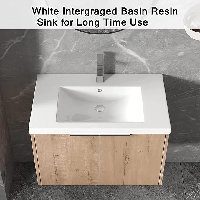 SSLine Wall Mounted Bathroom Vanity with Sink Combo Modern 30-Inch Single Bathroom Vanity Set with Top Basin &Storage Cabinet Wood Hanging Bath Cabinet w/Resin Sink for Small Space(Brown)
