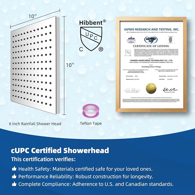 Hibbent cUPC Certified Metal High Pressure 10'' Rain Shower Head, Chrome | Square Large Bathroom Waterfall Thickness Shower Heads, High-flow Fixed Rainfall Showerheads, Adjustable Brass Ball Joint