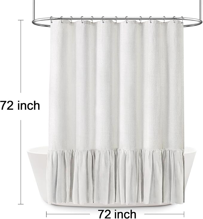 Farmhouse Shower Curtain Ruffle Linen White 72" W x 72" L | Farmhouse Boho, Bottom Ruffle, Cotton Fabric, Rustic, Country, Natural Look, Washable, Shower Curtain for Bathroom Bathtub