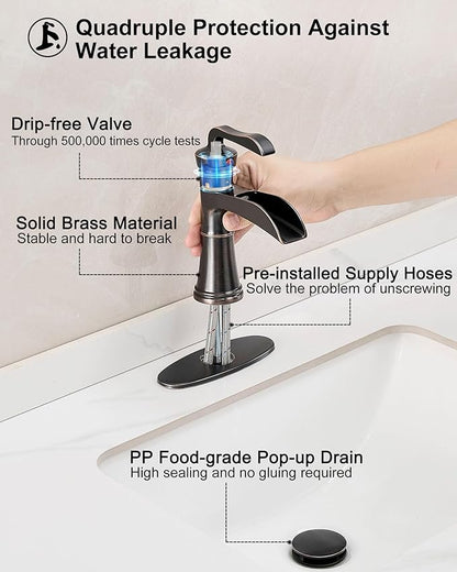 4 Inch Oil Rubbed Bronze Bathroom Faucet 1 Hole, Antique Brass Waterfall Faucet for Bathroom Sink, Single Handle Farmhouse Bathroom Faucets 3 Hole with Deck Plate, Supply Hoses & Pop-up Drain
