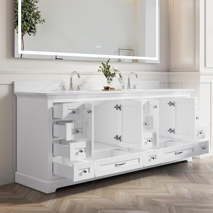 WELLFOR 84 Inch Bathroom Vanity with Double Sinks, Bathroom Freestanding Vanity W/4 Soft-Close Doors and 14 Drawers, Large Storage Space Vanity, Engineered Stone Countertop Vanities, White