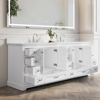 WELLFOR 84 Inch Bathroom Vanity with Double Sinks, Bathroom Freestanding Vanity W/4 Soft-Close Doors and 14 Drawers, Large Storage Space Vanity, Engineered Stone Countertop Vanities, White