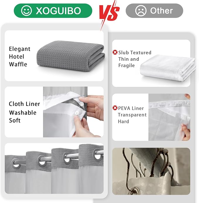 No Hook Shower Curtain with Liner Set Hotel Waffle Curtain Grey 72W X 87L | Washable Snap in Fabric Liner, Mesh Top Window, Waffle Hotel Style Shower Curtain Set