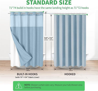 eachope No Hook Fabric Shower Curtain with Snap-in Liner,71x74 Fog Blue | Linen Texture,230GSM Thick Fabric,Hotel Luxury Decor,Mesh Window,Bottom magnetic ,Waterproof & Machine Washable,for Bathroom