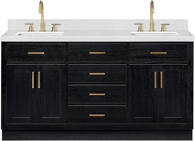 ARIEL Hepburn 66-inch Bathroom Vanity with Sink,Solid Wood, 1.5-inch Carrara White Quartz Countertop, Double Rectangular Porcelain Sink, 4 Soft Closing Doors, 6 Dovetail Drawers, Black Oak