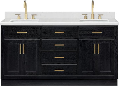 ARIEL Hepburn 66-inch Bathroom Vanity with Sink,Solid Wood, 1.5-inch Carrara White Quartz Countertop, Double Rectangular Porcelain Sink, 4 Soft Closing Doors, 6 Dovetail Drawers, Black Oak