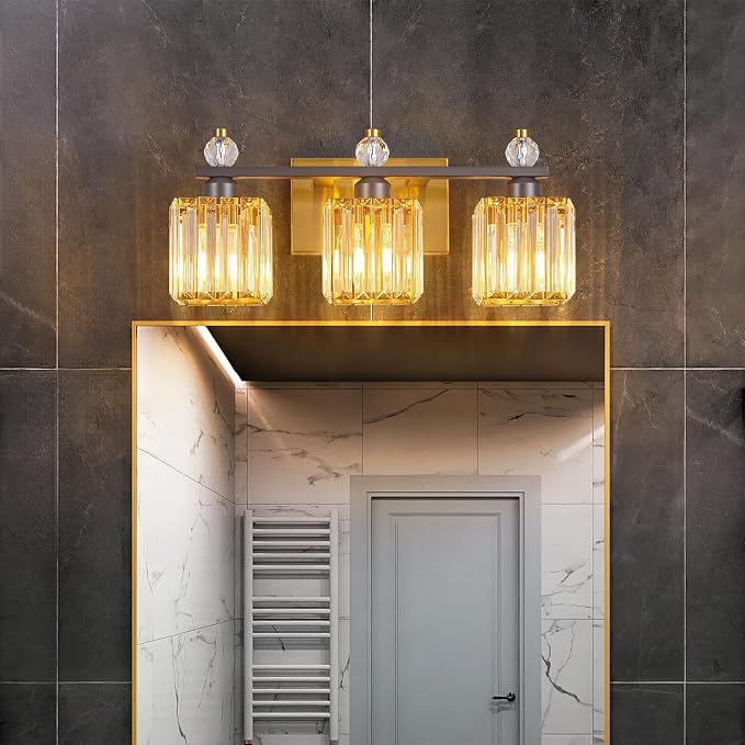 3-Light Modern Crystal Vanity Light - Black Gold Bathroom Light Fixtures Over Mirror