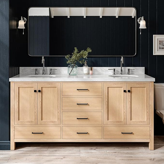 ARIEL Cambridge 72-inch Bathroom Vanity with Sink,Solid Wood, 1.5-inch Italian Carrara Marble Countertop, Double Oval Porcelain Sink, 4 Soft Closing Doors, 6 Dovetail Drawers, White Oak
