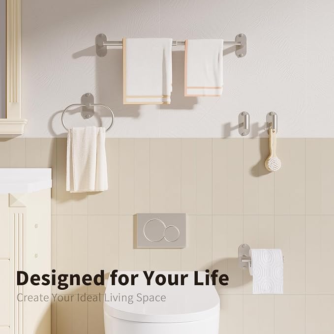 5-Piece Bathroom Hardware Set, Adhesive or Drill Wall Mount, Nickel | Adjustable Towel Bar, Toilet Paper Holder, Towel Ring, 2 Towel Hook, 304 Stainless Steel Bathroom Accessories Set