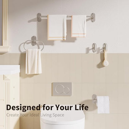 5-Piece Bathroom Hardware Set, Adhesive or Drill Wall Mount, Nickel | Adjustable Towel Bar, Toilet Paper Holder, Towel Ring, 2 Towel Hook, 304 Stainless Steel Bathroom Accessories Set