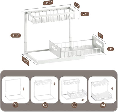 VUSIGN 2 Tier Under Sink Organizer, Slide Out Pull Out Cabinet Organizer, Cabinet Kitchen Bathroom Storage Organization Shelf, 2 Pack, White