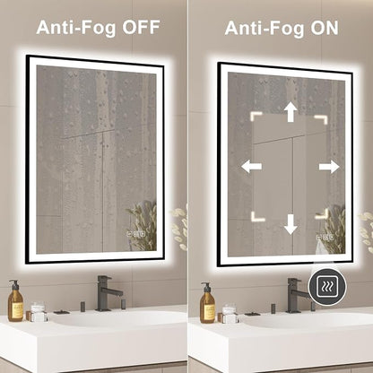 20x28 inches Rectangular Aluminum Black Framed LED Mirror, Smart Bathroom Mirror with Lights, Anti-Fog, Tempered Glass, 3 Colors Dimmable, Front and Backlit, Wall Mounted, Memory