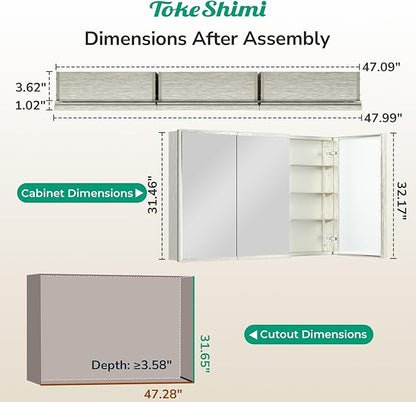 TokeShimi 48 x 32 Mirrored Medicine Cabinets for Bathroom, Assembly Required, Brushed Nickel Recessed Medicine Cabinet with Mirror, Aluminum Frame, Stepless Adjustable Shelves, Tempered Glass