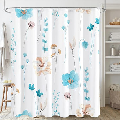 Light Blue Beige Watercolor Floral Fabric Shower Curtain, 72x72 | Waterproof Fabric, Modern Minimalist Floral Print, Machine Washable, Rustproof Grommets, for Bathroom