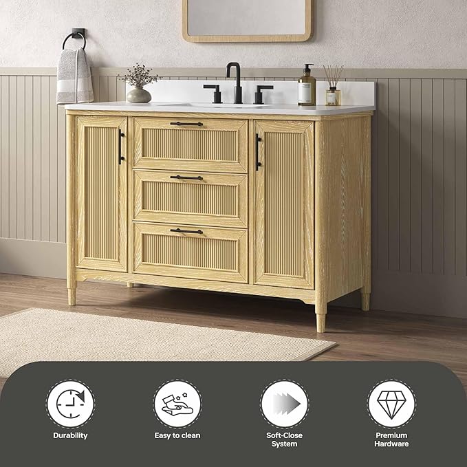 48 Inch Bathroom Vanity with Sink, Solid Wood Frame Single Sink Bathroom Vanity with Quartz Countertop, Bathroom Storage Cabinet with Soft Closing Doors & Dovetail Drawers, Light Oak