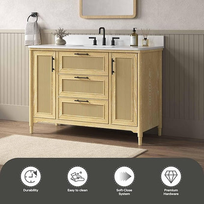 48 Inch Bathroom Vanity with Sink, Solid Wood Frame Single Sink Bathroom Vanity with Quartz Countertop, Bathroom Storage Cabinet with Soft Closing Doors & Dovetail Drawers, Light Oak