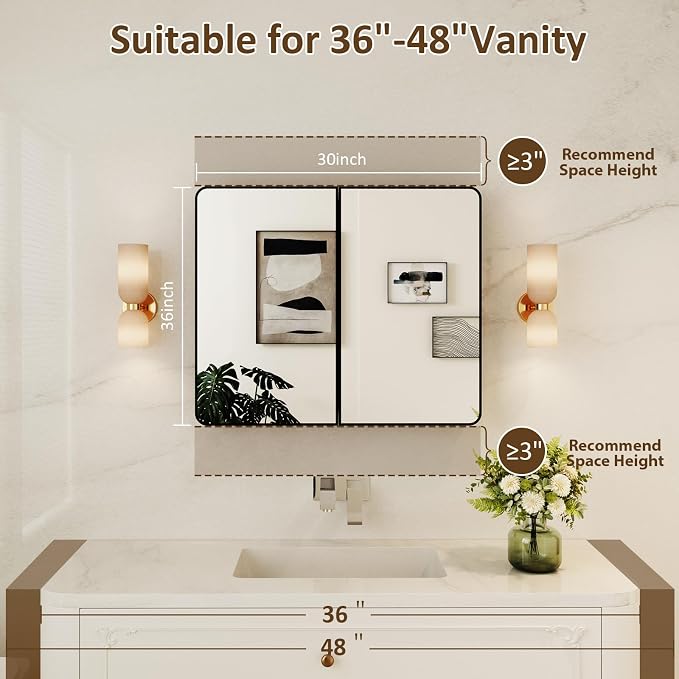 Medicine Cabinet Mirror 30x36 Inch, Double-Sided Bathroom Mirror Cabinet with Adjustable Glass Shelves, 2-Compartment Bathroom Mirror with Storage Recessed or Wall Mount