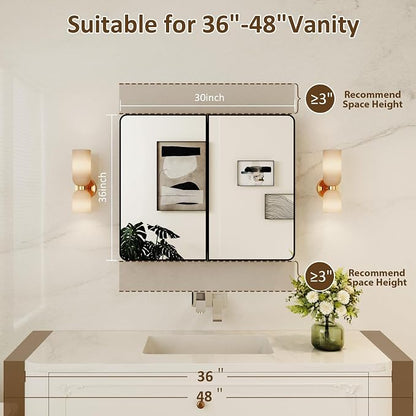 Medicine Cabinet Mirror 30x36 Inch, Double-Sided Bathroom Mirror Cabinet with Adjustable Glass Shelves, 2-Compartment Bathroom Mirror with Storage Recessed or Wall Mount