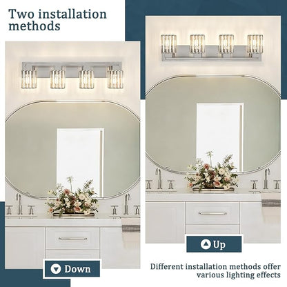Brushed Nickel Bathroom Light Fixtures, 4-Light Vanity Light Over Mirror | Wall Sconces with Square Crystal Shades, E26 Socket, Modern Vanity Lights for Bathroom (Bulbs Not Included)