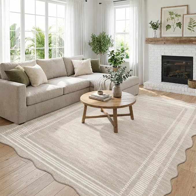 Garvee Scallop Area Rug 5x7 Washable Rugs for Bedroom Neutral Rug Beige | Rugs for Living Room, Non-Slip Soft Carpet for Bedroom, Scalloped Low-Pile Solid Rug Accent Rug for Dining Room Home Office