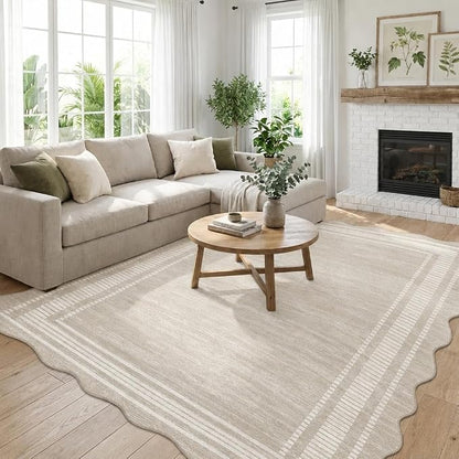 Garvee Scallop Area Rug 5x7 Washable Rugs for Bedroom Neutral Rug Beige | Rugs for Living Room, Non-Slip Soft Carpet for Bedroom, Scalloped Low-Pile Solid Rug Accent Rug for Dining Room Home Office
