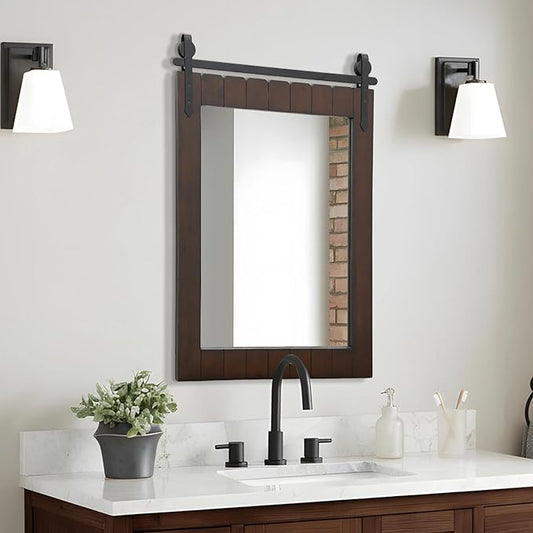 Besdomus Large Bathroom Farmhouse Mirror: 24"x36" Dark Brown Barn Door Solid Cedar Wood Frame Vanity Mirror - Wall Mounted Mirror for Hallway/Living Room/Bathroom - Rustic Decor for Fashion-Conscious