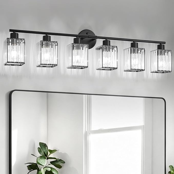 6 Light Bathroom Light Fixtures, Modern Crystal Vanity Lights over Mirror | Metal Frame, Bathroom Light with Square Crystal Shade, ETL Certified, E26 Ceramic Socket, Bulbs Not Included