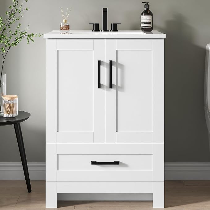 IRONCK 24" Bathroom Vanity with Sink, 1 Soft-Close Drawer & 2 Doors, White | Freestanding Bathroom Vanity, Integrated Ceramic Sink, Modern Bathroom Storage Cabinet for Small Space, Easy Assembly
