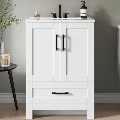 IRONCK 24" Bathroom Vanity with Sink, 1 Soft-Close Drawer & 2 Doors, White | Freestanding Bathroom Vanity, Integrated Ceramic Sink, Modern Bathroom Storage Cabinet for Small Space, Easy Assembly