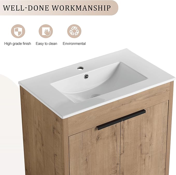 SSLine 30-Inch Bathroom Vanity with Sink Mid-Century Bathroom Vanities with Top Basin Floor Wood Bathroom Sink Cabinet with Soft-Close Doors & Adjustable Storage Shelves (Natural Brown)