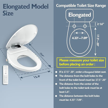 Electric Heated Bidet Toilet Seat with Remote Control, Adjustable Warm Water & Pressure, Air Drying, Self-Cleaning Nozzle, Oscillating Cleaning, Display Screen, Slow Closed Lid - Elongated
