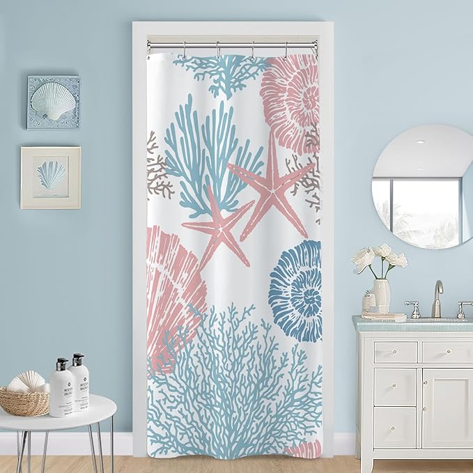 Small Stall Shower Curtain 36 x 72 Inch, Half Narrow Blue Pink Nautical Coastal, Summer Tropical Seashell Starfish Coral Beach Ocean Themed for Bathroom Decor