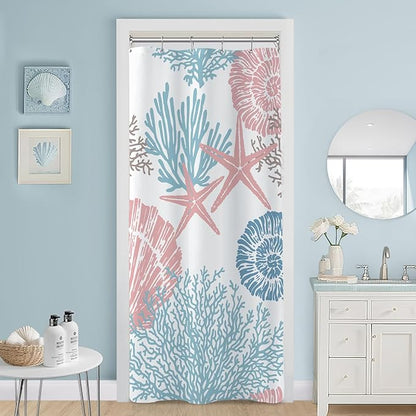 Small Stall Shower Curtain 36 x 72 Inch, Half Narrow Blue Pink Nautical Coastal, Summer Tropical Seashell Starfish Coral Beach Ocean Themed for Bathroom Decor