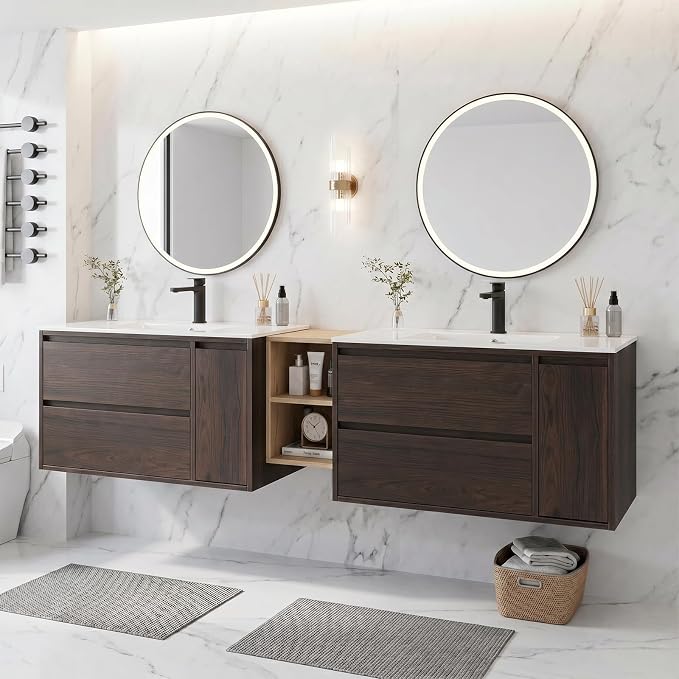 84 Modern Floating Double Sink Bathroom Vanity, Wall-Mounted with Seamless Ceramic Top, Rounded Corners, Full-Extension Soft-Close Drawers & Concealed Drainage (Wood color, 84 inch)