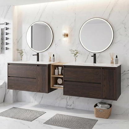 84 Modern Floating Double Sink Bathroom Vanity, Wall-Mounted with Seamless Ceramic Top, Rounded Corners, Full-Extension Soft-Close Drawers & Concealed Drainage (Wood color, 84 inch)