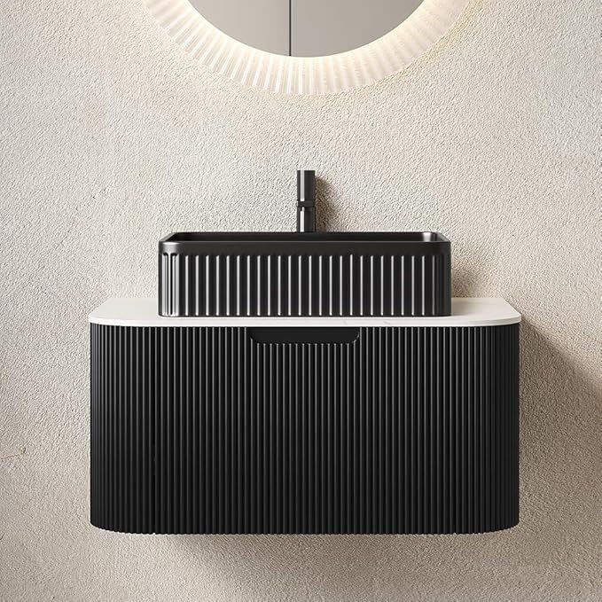 30'' Bathroom Vanities Cabinet with Sink Combo, Wall Mounted Floating Cabinet W/Curved Edges Stripes, Oak Plywood, Soft-Close System with a Drawer, Black Rectangular Ceramic Basin - Kiel, Black/B