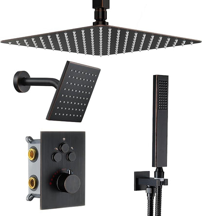 Thermostatic Dual Shower System, Oil Rubbed Bronze Shower Faucet | 12 Inch Ceiling Rainfall Shower, 6 Inch Wall Mount Head, High Pressure Handheld Sprayer, Push Button Valve