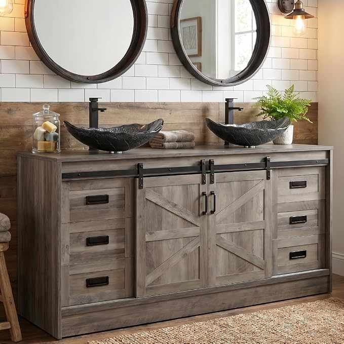 60" Barn Door Bathroom Vanity with 6 Drawers and Two Doors, Farmhouse Style Standing Pedestal Cabinet with Two Silver Leaf Vessel Sinks