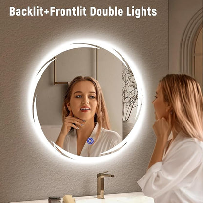 Bathroom Smart Mirrors with Three Color LED Lights,24”x24 Bath Round Mirror,Backlit + Front Lit Temperature Brightness Settings-Wall Mounted Lighted Bathroom Vanity Mirror