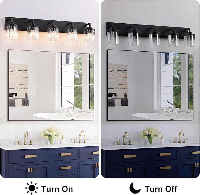 5-Light Black Bathroom Vanity Light, Crystal Glass Shades | Modern Wall Lighting Fixtures Over Mirror, for Bathroom, Matte Black Finish, Rust-resistant Metal, Farmhouse Industrial Style