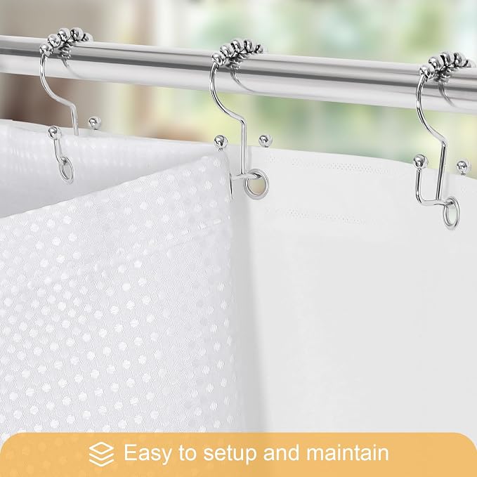 3 in 1 White Shower Curtain with PEVA Liner, 12 Hooks, 72x72 | Luxury Weighted Fabric Shower Curtain Set, 12 Stainless Steel Double-Sided Hooks, Water Repellent, Bathroom Decor