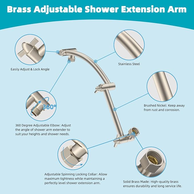 Hibbent Rain Shower Head, 13'' High Pressure Rainfall 5 Spray Mode Showerhead with 16" Shower Head Extension Arm, Brass Adjustable Shower Arm Extender, Waterfall fixed Showerheads, Brushed Nickel