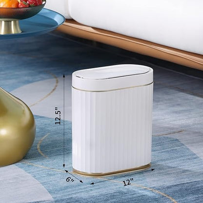 ELPHECO Bathroom Trash Can with Lid, 2 Gallon, Motion Sensor, White Gold | Automatic Garbage Can, IPX5 Waterproof Plastic Wastebasket, Trash Bin for Bathroom, Bedroom, Kitchen and Office