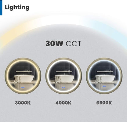 32 Inch Round LED Mirror for Bathroom, Gold Metal Frame Lighted Vanity Mirror with 3 Color Modes, Touch Dimmer - Anti-Fog Wall Mounted Circle Mirror with Lights - Fab Glass and Mirror