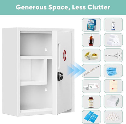 Wall Mount Locking Medicine Cabinet, Empty Metal Medicine Storage Box with All-Metal Digit Lock, Bathroom Cabinet Organizer Over the Toilet, Keyless First Aid Box for Home School Business