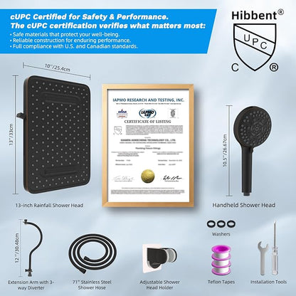 Hibbent 13'' 5-spray Rain Shower Head, 10-Spray Handheld, Oil Rubbed Bronze | cUPC Certified High Pressure Dual Showerhead Combo, Upgraded Rainfall Shower Head, 12'' Extension Arm, 71'' Hose & Holder