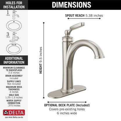 Delta Woodhurst Brushed Nickel Bathroom Faucet 1 Hole, Single Hole Bathroom Sink Faucet for Vanity, Metal Push-Pop Drain Assembly, Stainless 532-SSMPU-DST